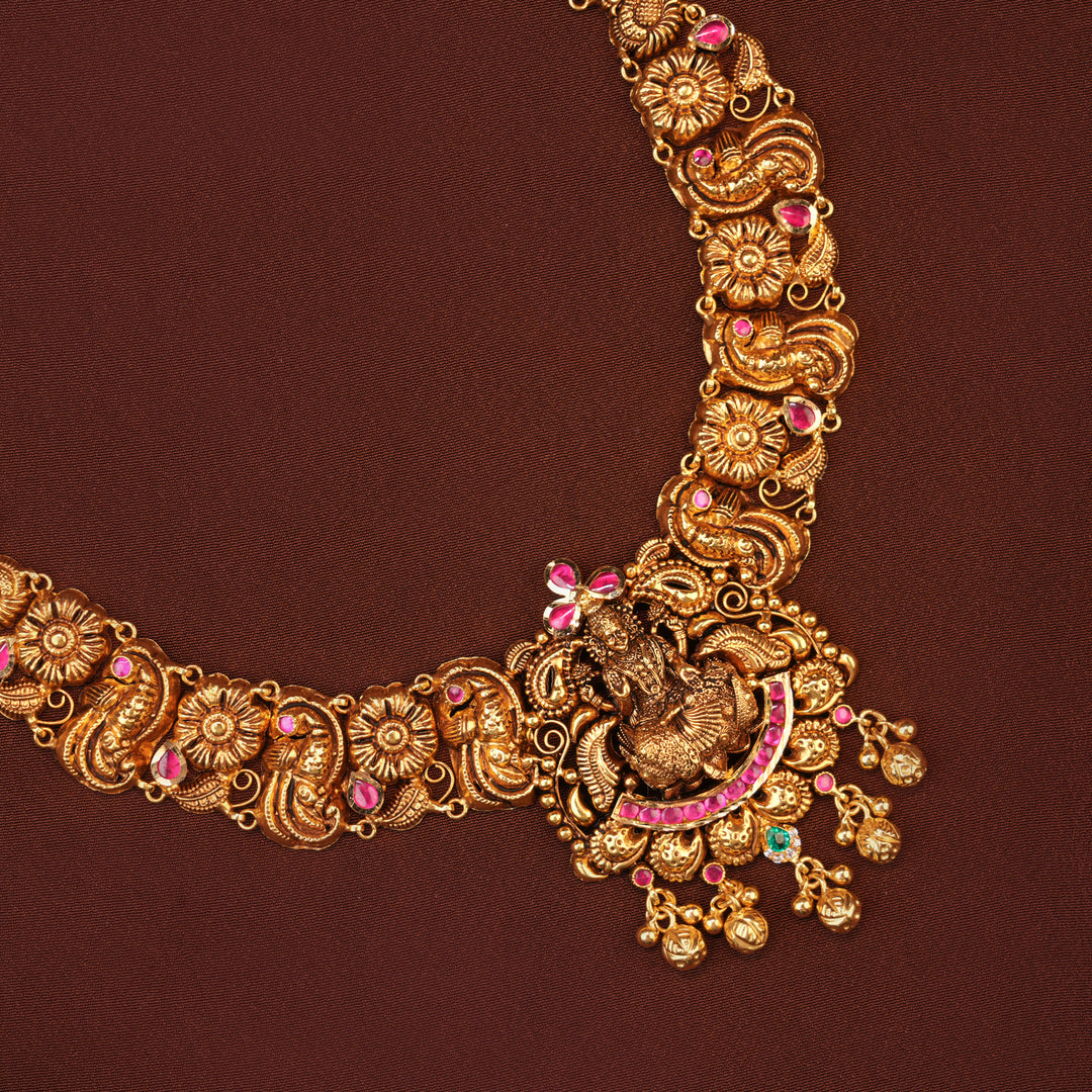 Antique Ruby Lakshmi with Emerald Gold Necklace