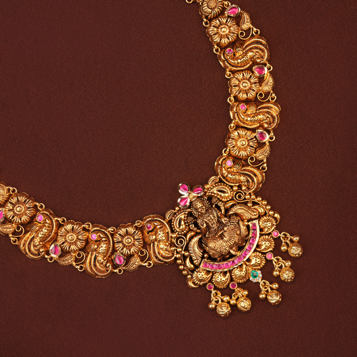 Antique Ruby Lakshmi with Emerald Gold Necklace