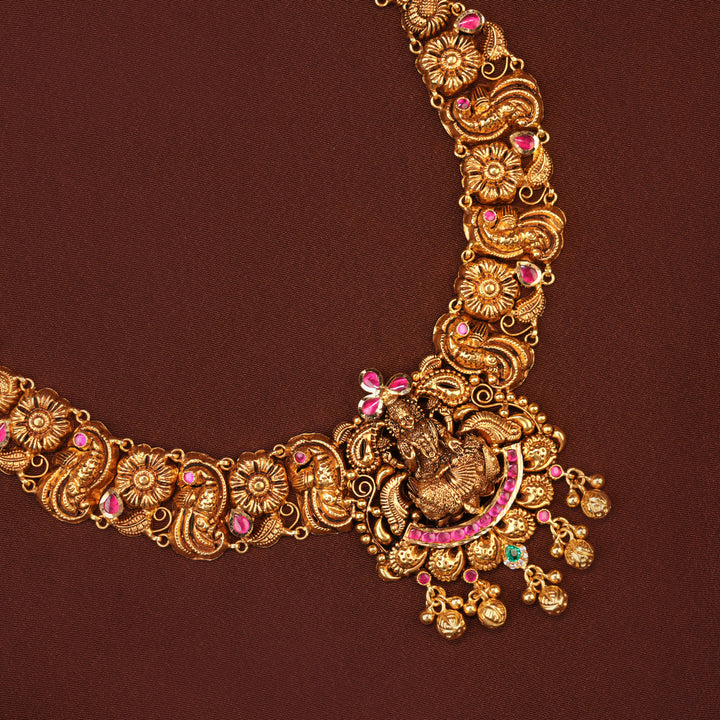 Antique Ruby Lakshmi with Emerald Gold Necklace