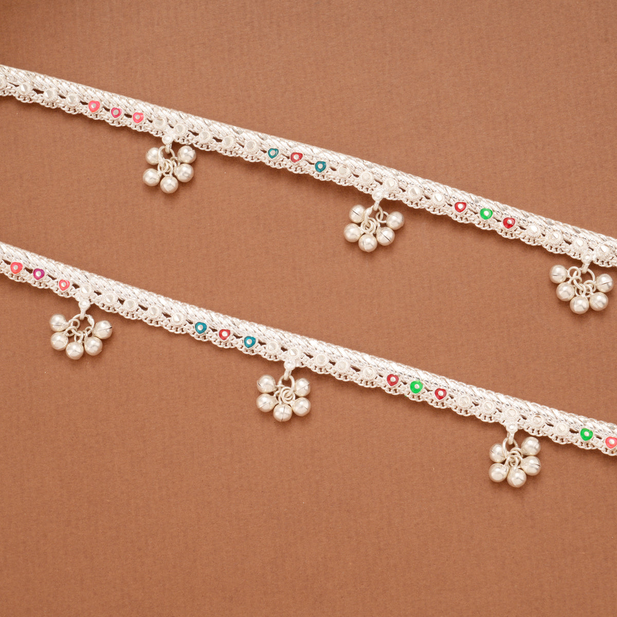 Elegant Heart Colourful Enamel Silver Anklets
