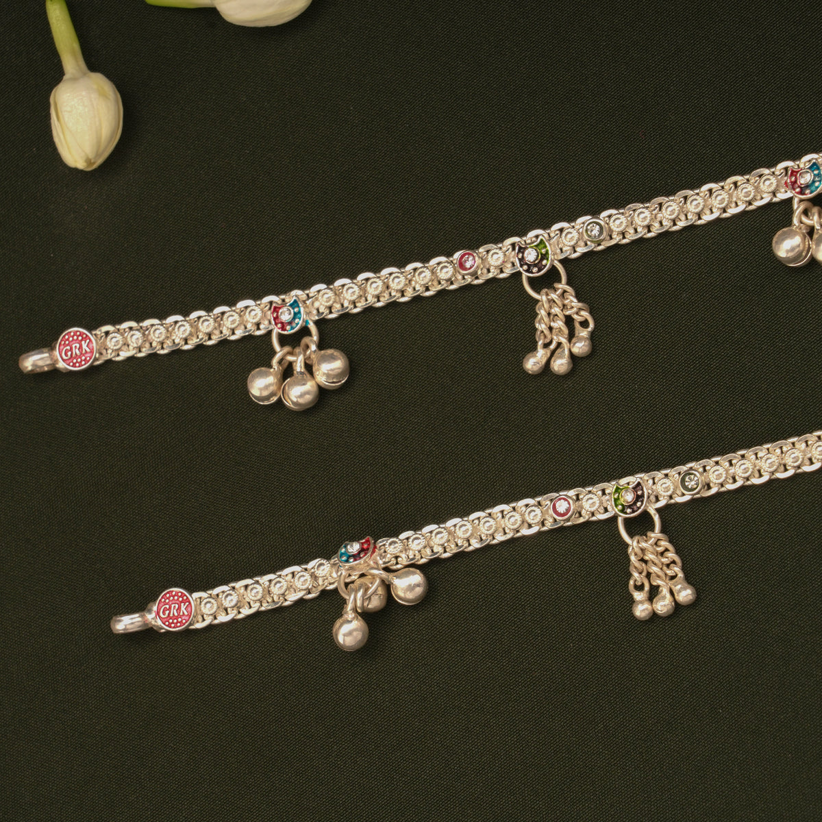 Delicate Enamel Heart Design Silver Anklets