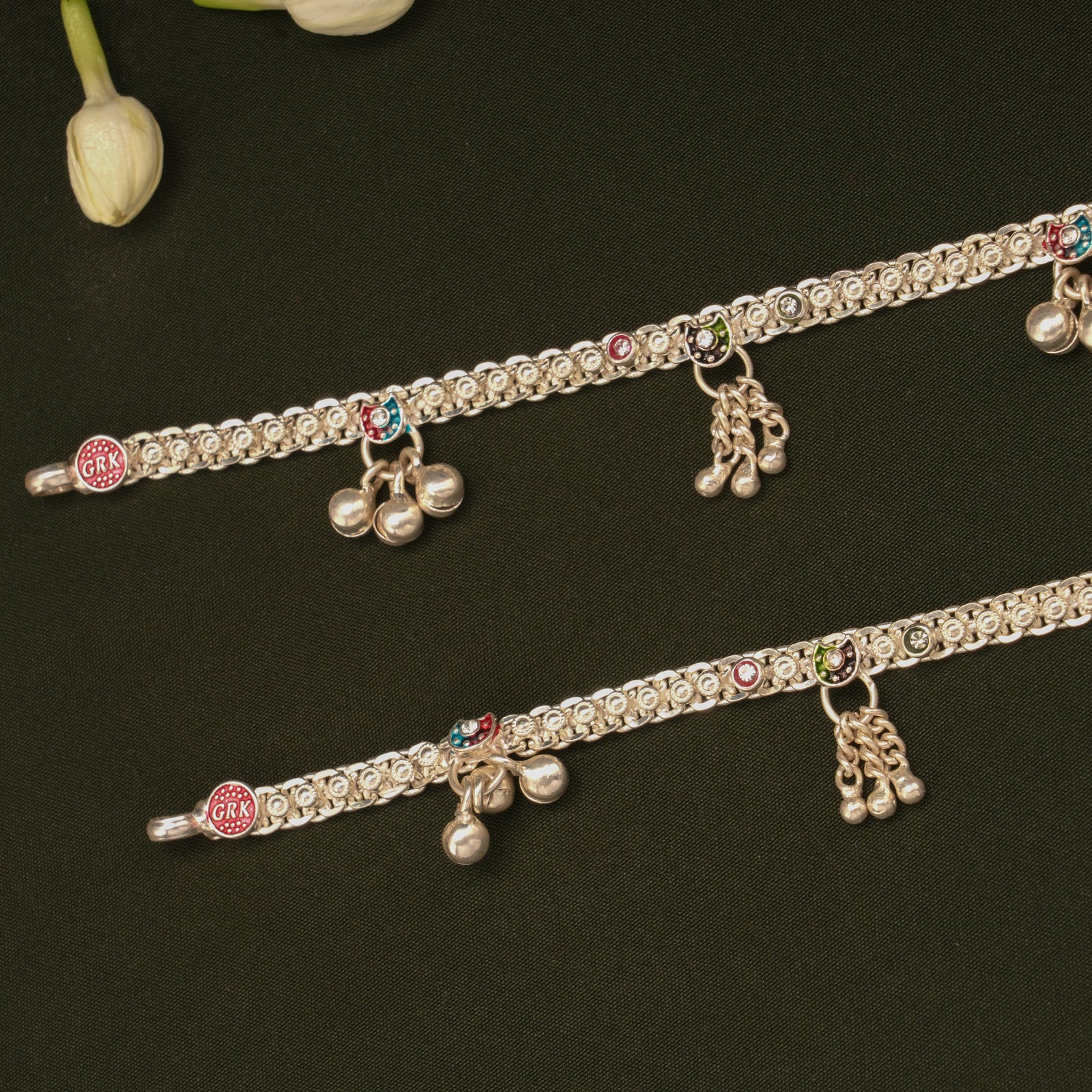 Delicate Enamel Heart Design Silver Anklets