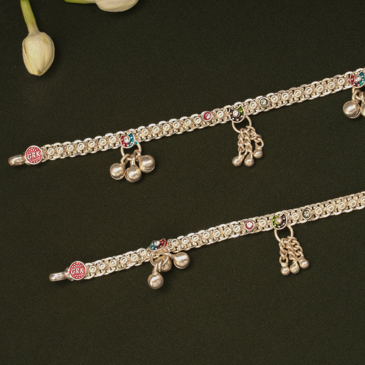 Delicate Enamel Heart Design Silver Anklets