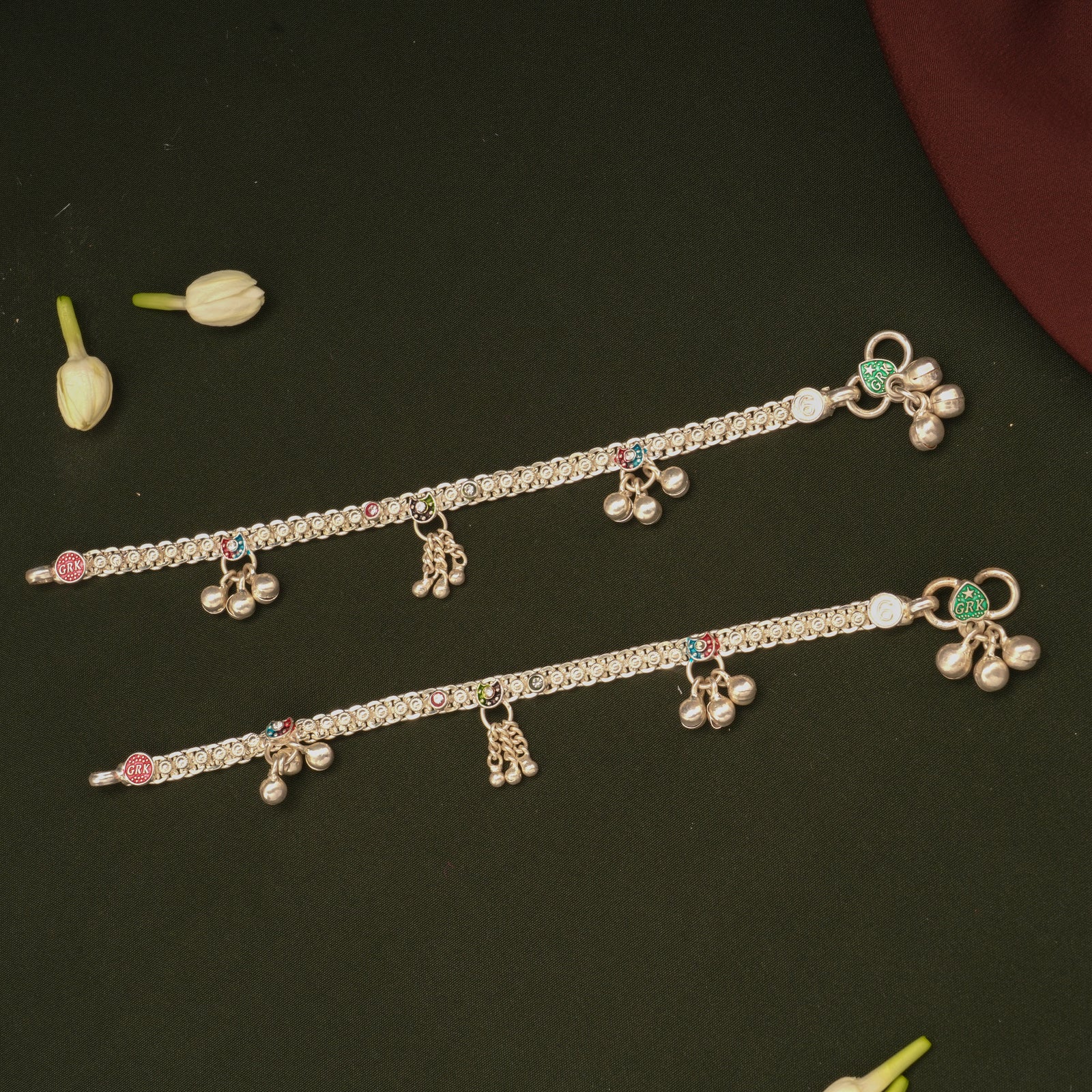 Delicate Enamel Heart Design Silver Anklets