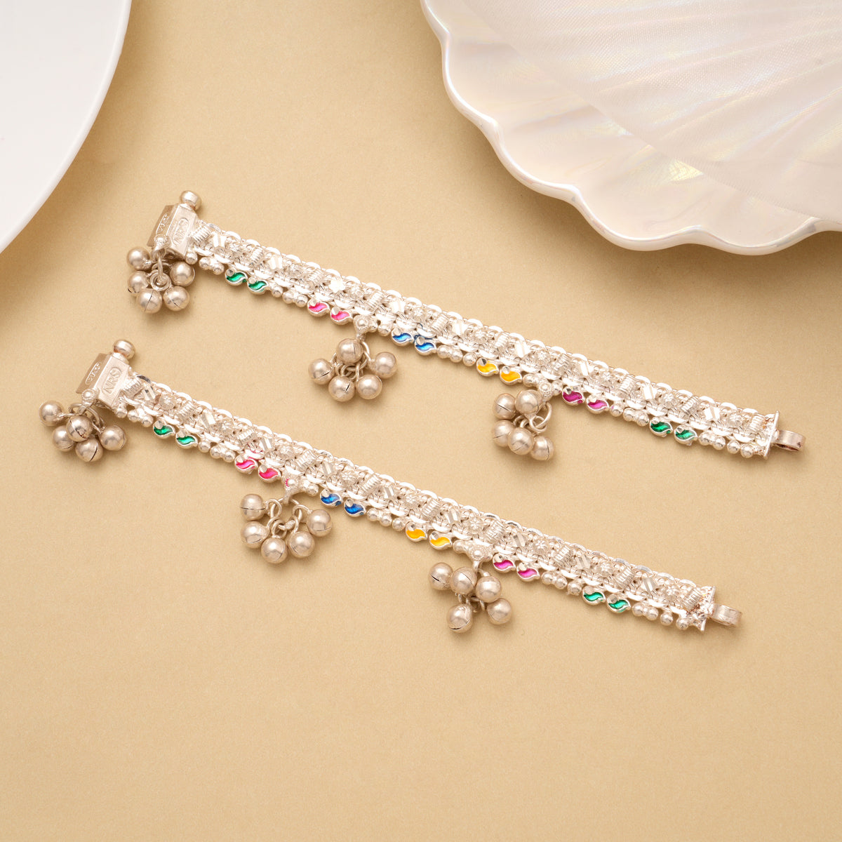 Leaf Enamel Pattern Silver Baby Anklet