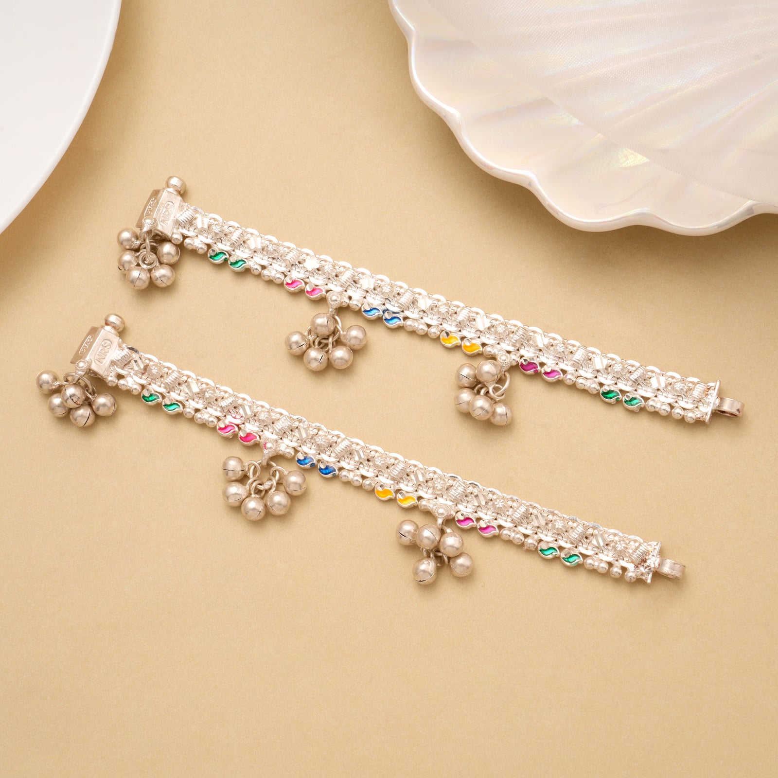 Leaf Enamel Pattern Silver Baby Anklet