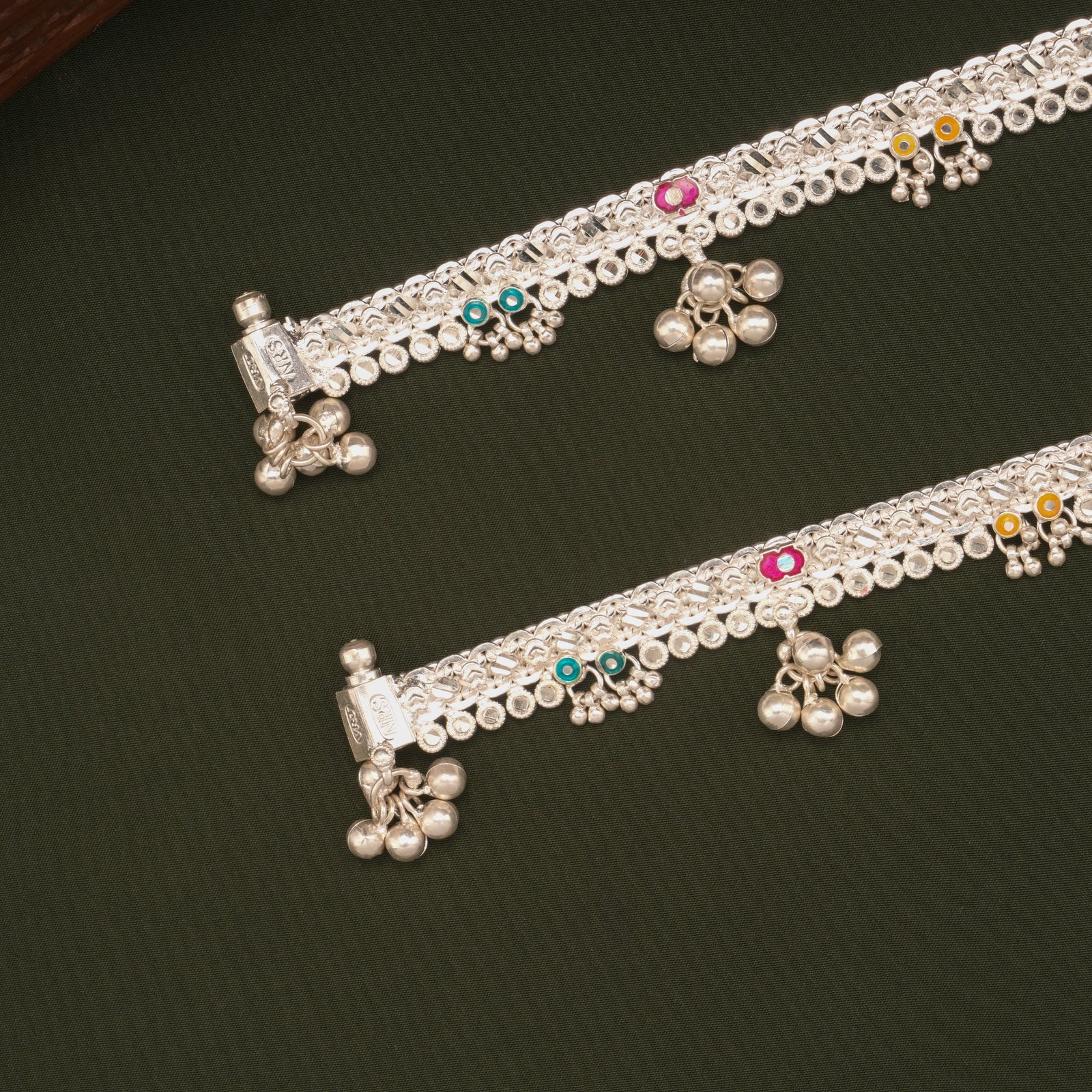 Colourful Floral Enamel Design Silver Anklets