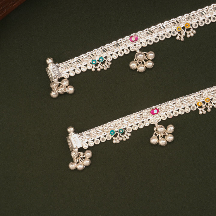 Colourful Floral Enamel Design Silver Anklets