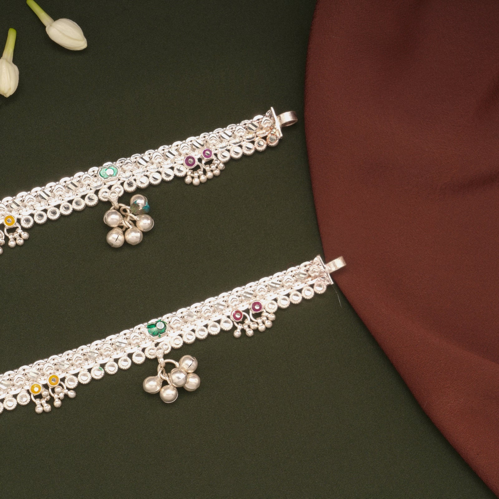 Colourful Floral Enamel Design Silver Anklets