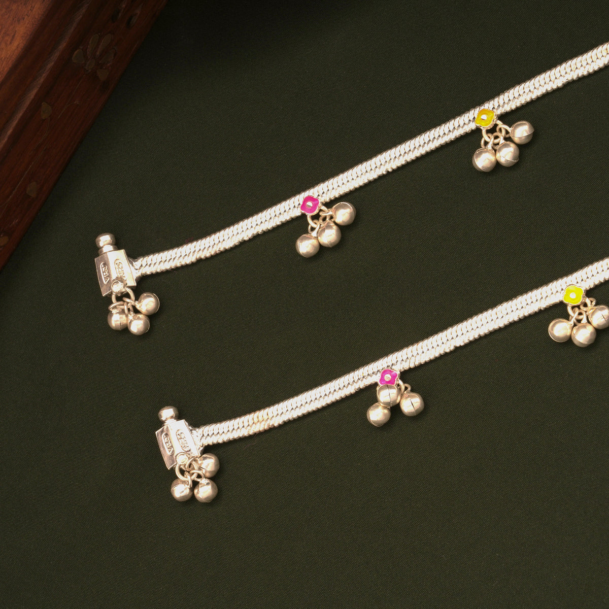Dual Colour Enamel Floral Silver Anklets