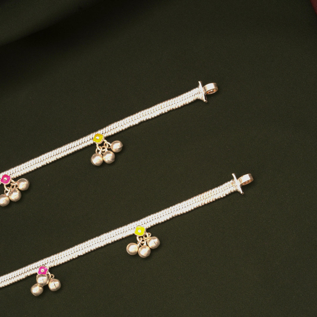 Dual Colour Enamel Floral Silver Anklets