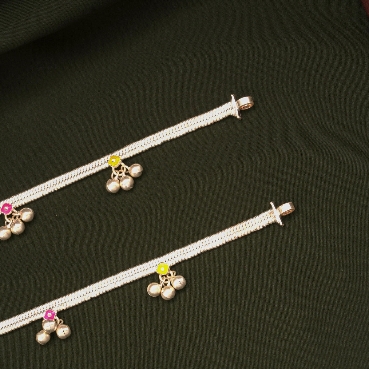 Dual Colour Enamel Floral Silver Anklets