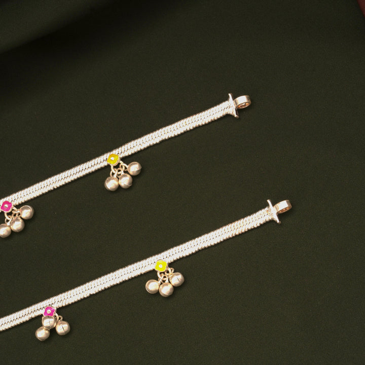 Dual Colour Enamel Floral Silver Anklets