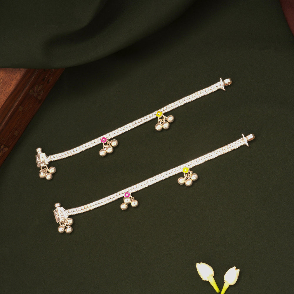 Dual Colour Enamel Floral Silver Anklets
