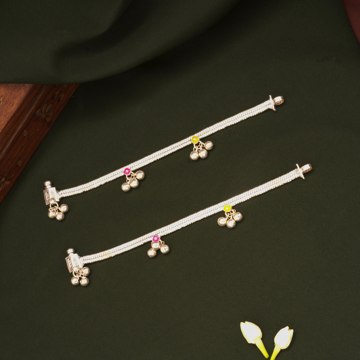 Dual Colour Enamel Floral Silver Anklets