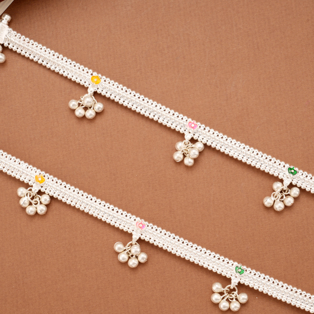 Tri Colour Floral Enamel Linear Beaded Silver Anklets