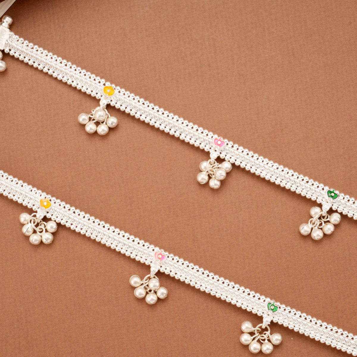 Tri Colour Floral Enamel Linear Beaded Silver Anklets
