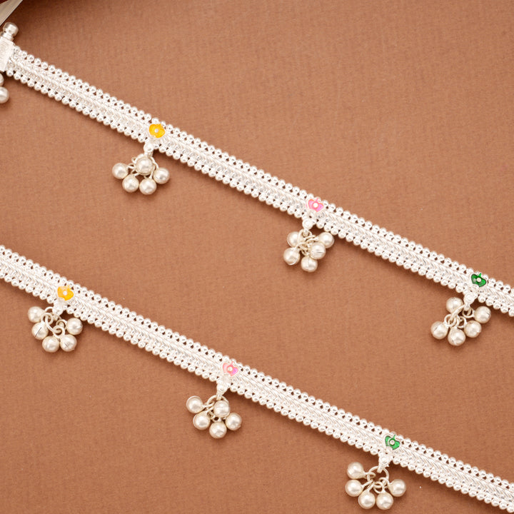 Tri Colour Floral Enamel Linear Beaded Silver Anklets