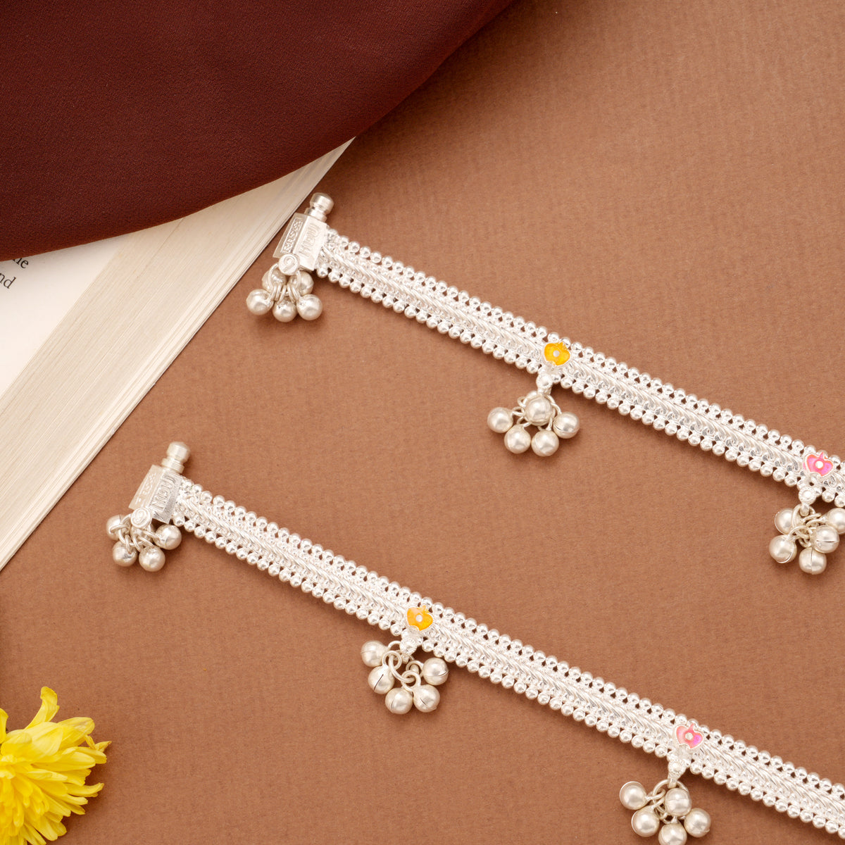Tri Colour Floral Enamel Linear Beaded Silver Anklets