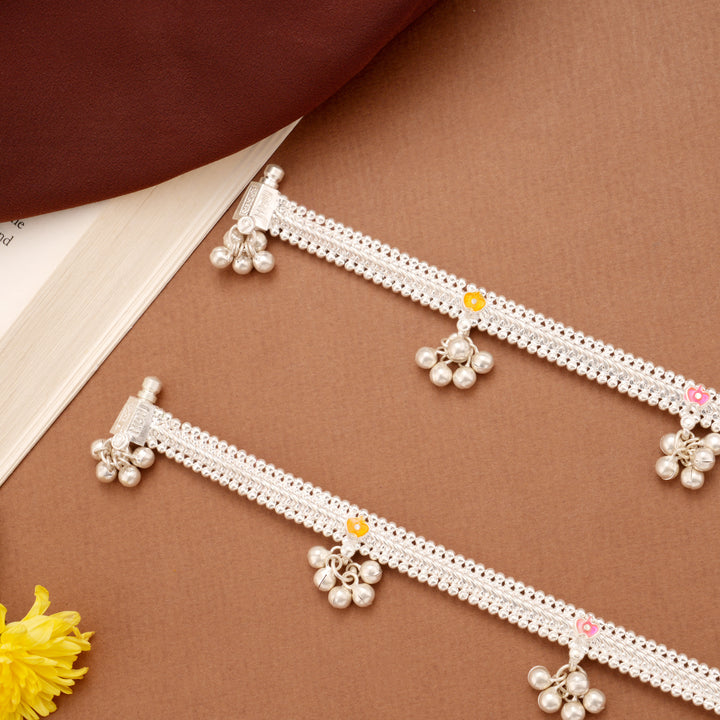 Tri Colour Floral Enamel Linear Beaded Silver Anklets