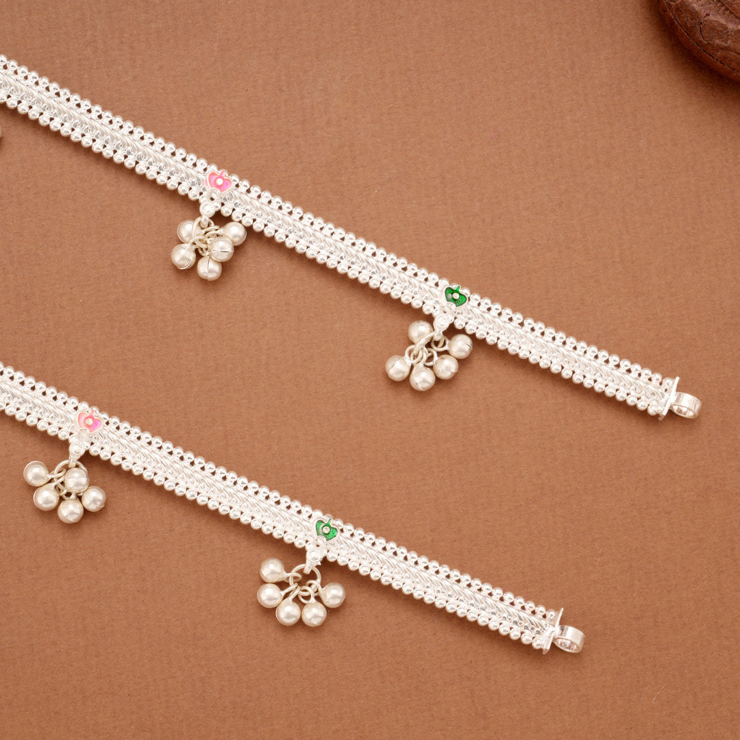 Tri Colour Floral Enamel Linear Beaded Silver Anklets