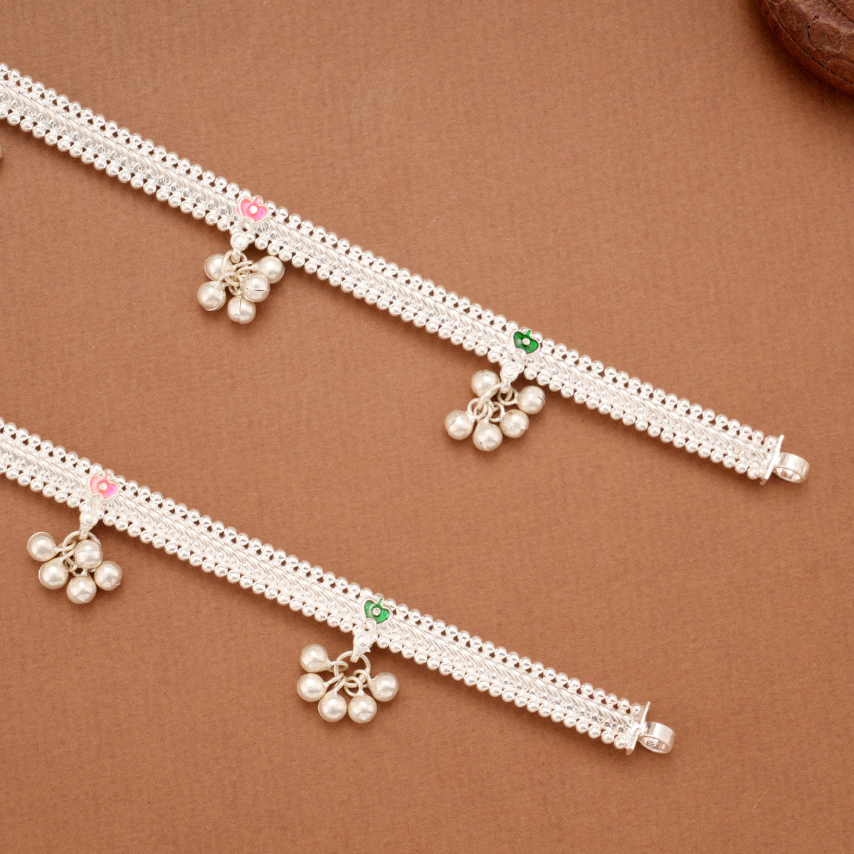 Tri Colour Floral Enamel Linear Beaded Silver Anklets