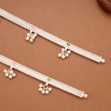 Tri Colour Floral Enamel Linear Beaded Silver Anklets