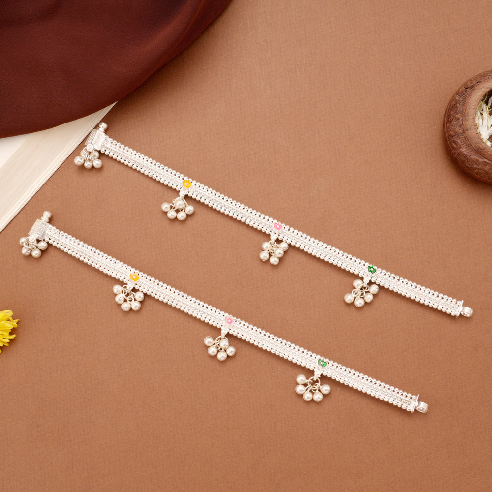 Tri Colour Floral Enamel Linear Beaded Silver Anklets