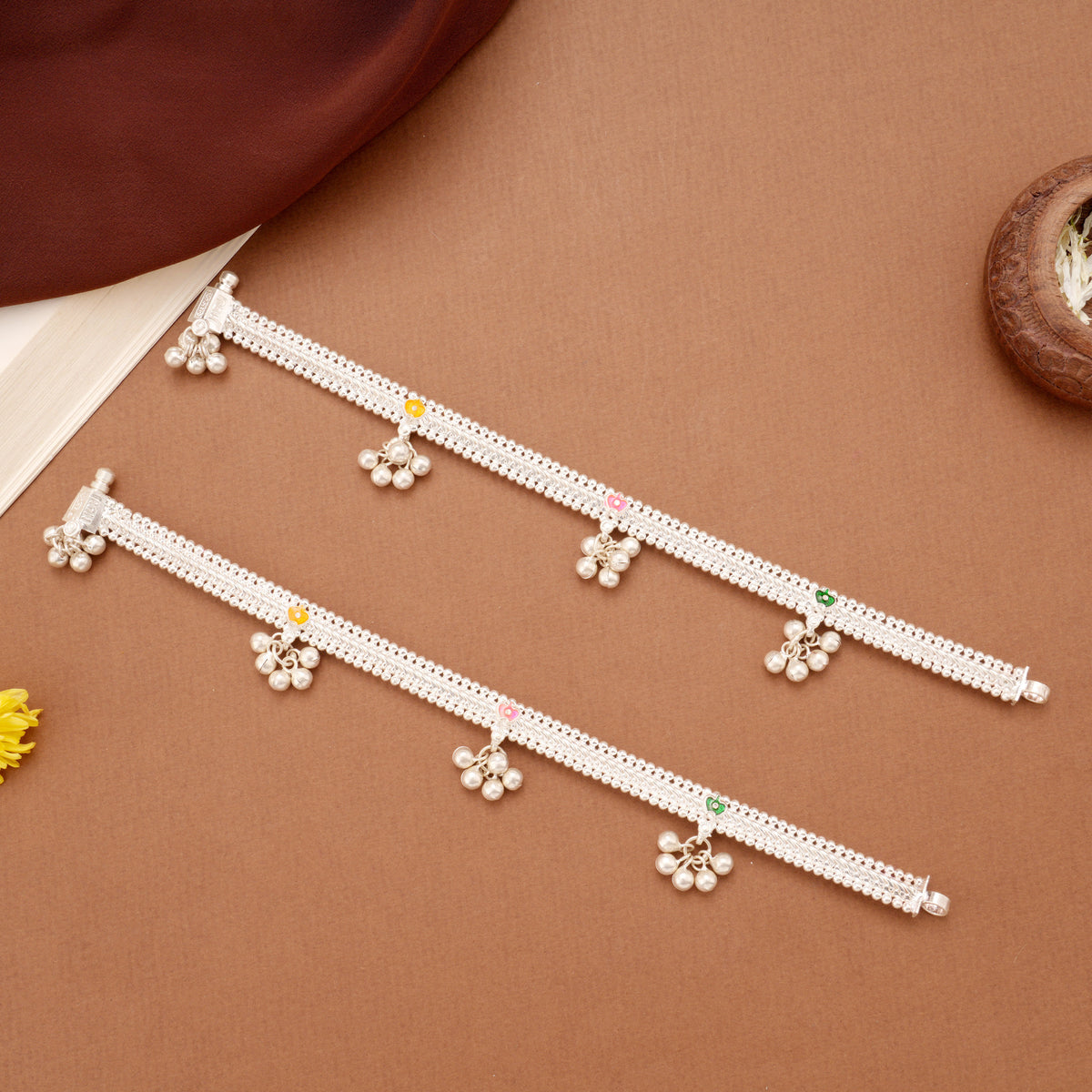 Tri Colour Floral Enamel Linear Beaded Silver Anklets