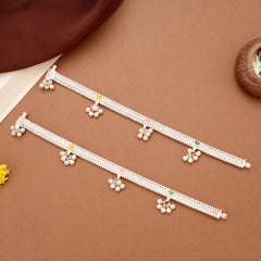 Tri Colour Floral Enamel Linear Beaded Silver Anklets