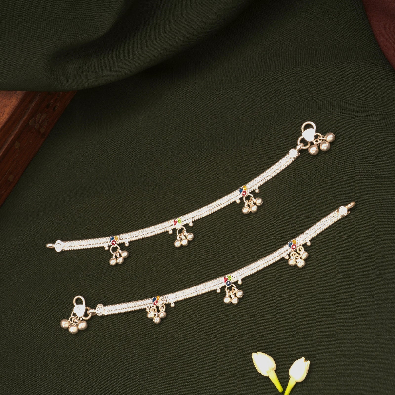 Multicolour Enamel Heart Shape Silver Anklets