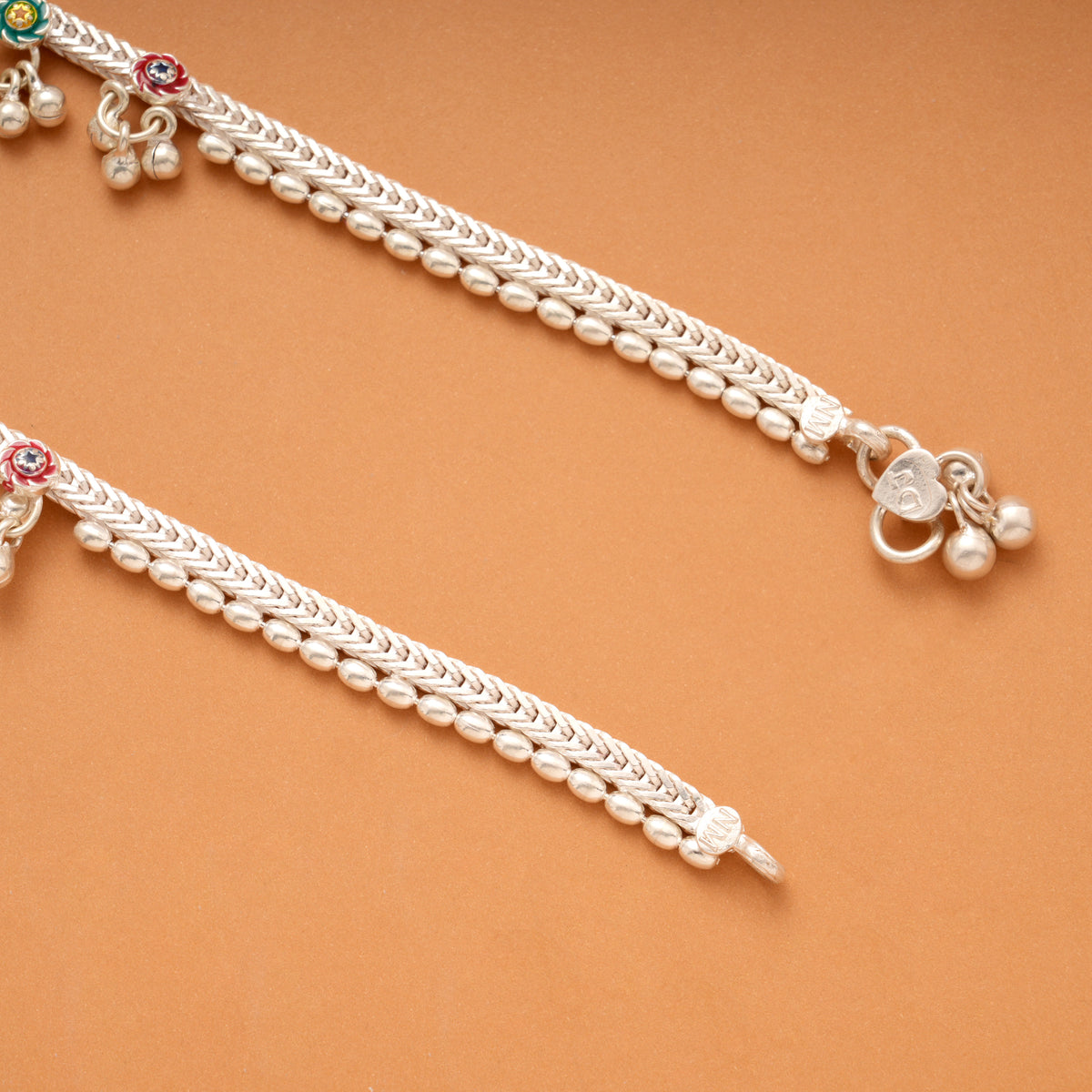 Colourful Enamel Floral Bell Drops Silver Anklets