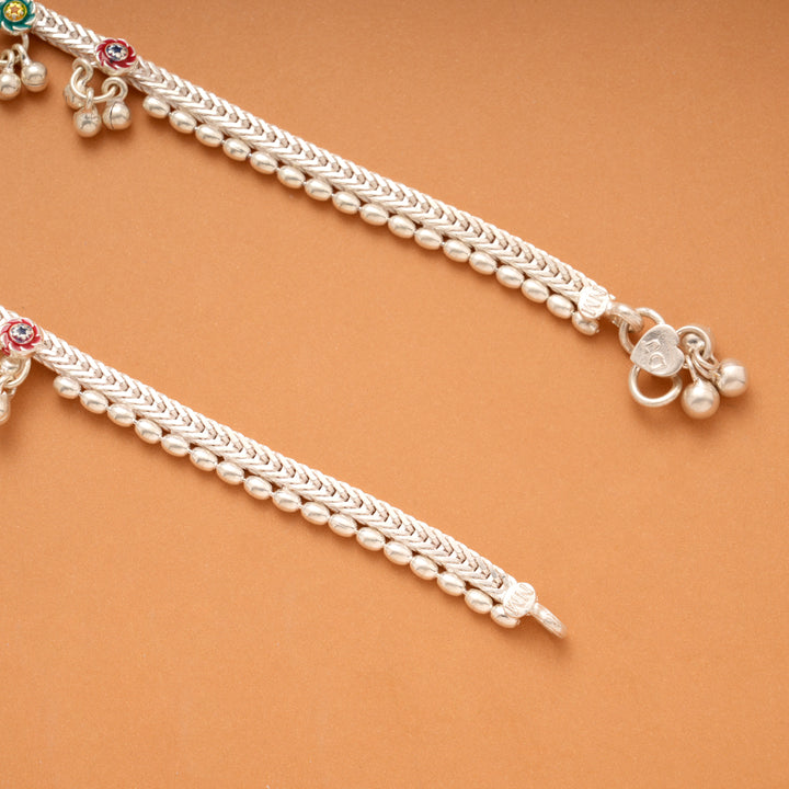 Colourful Enamel Floral Bell Drops Silver Anklets