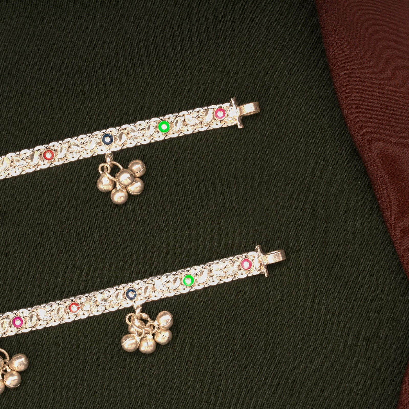 Colourful Circle Design Enamel Silver Anklets