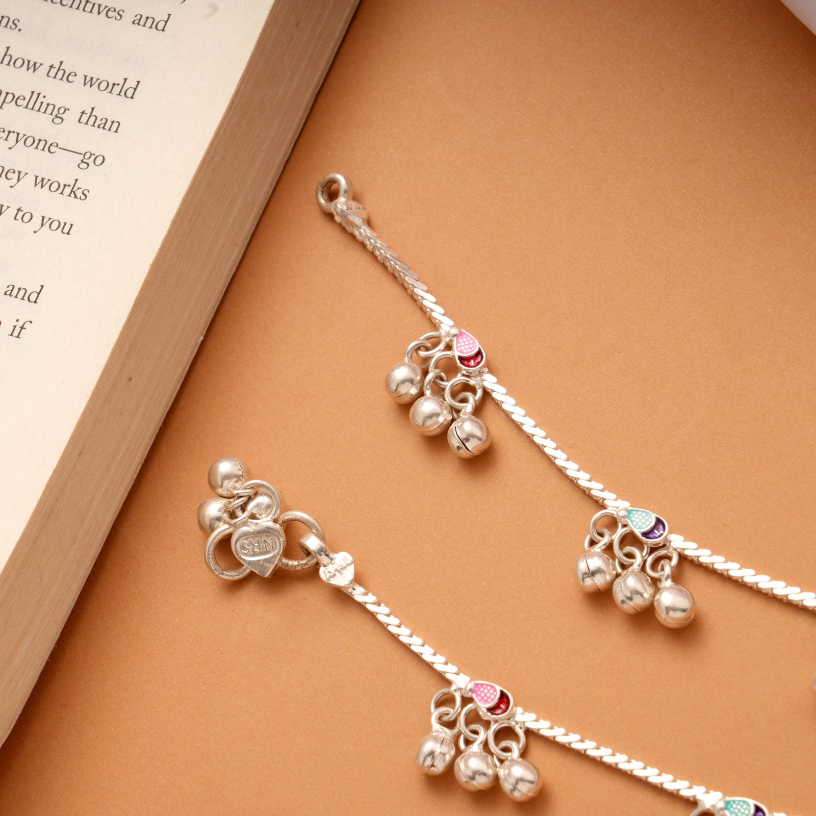 Multicolour Tear Drop Shape Enamel Silver Anklets