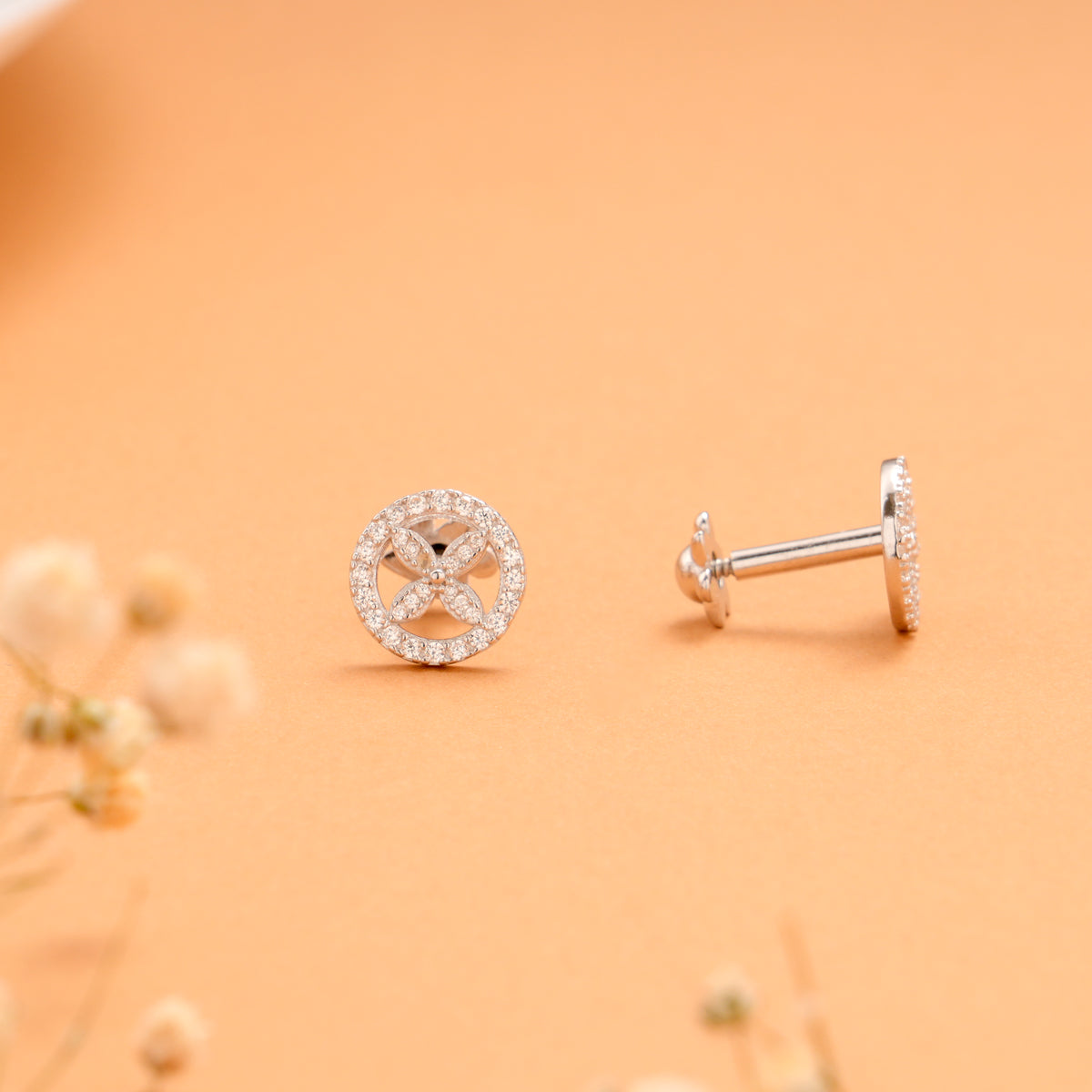 Circular Halo Flower Silver Stud