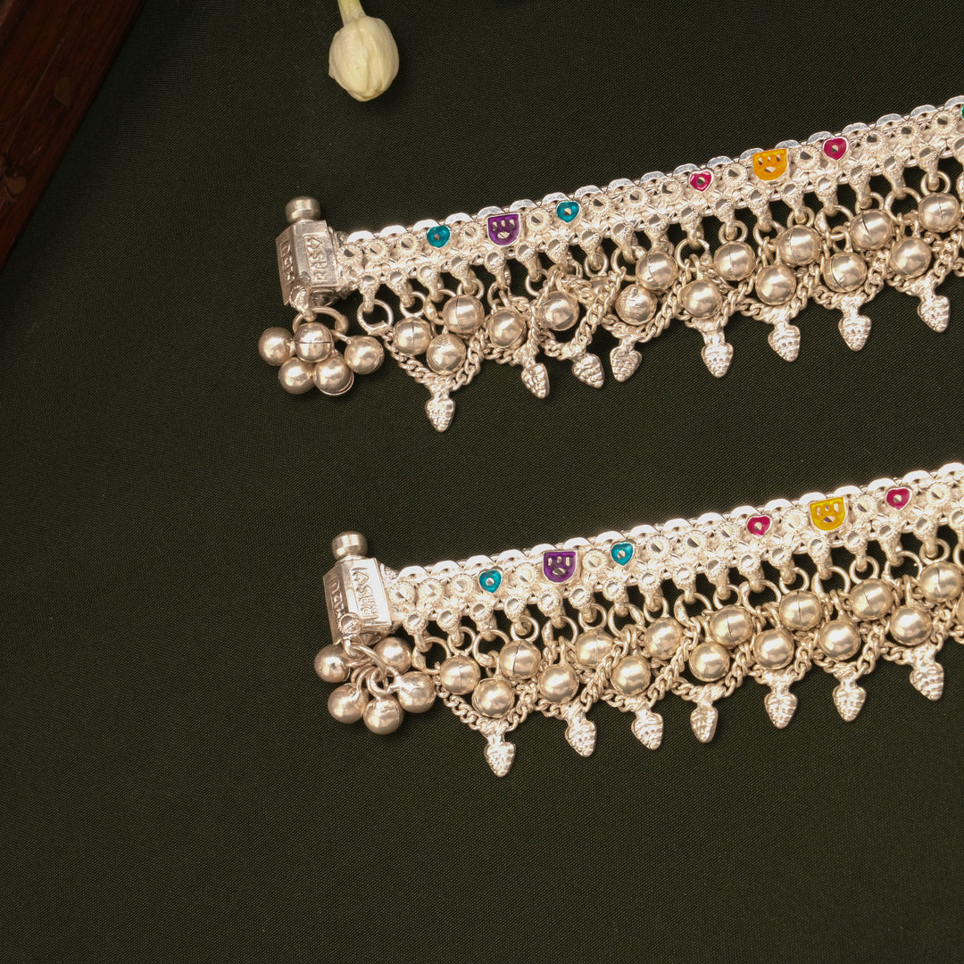 Colourful Enamel Design Ghungroo Silver Anklets