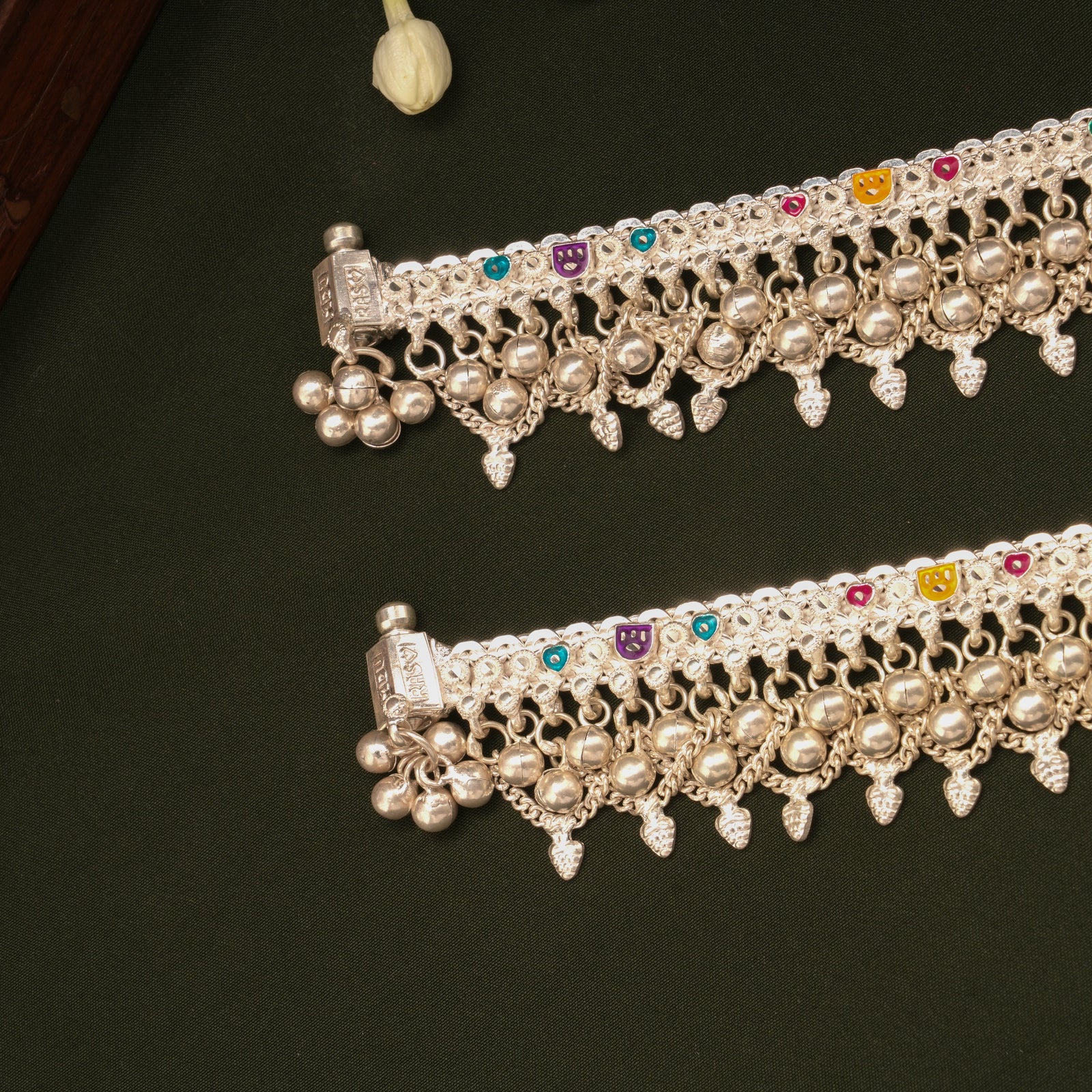 Colourful Enamel Design Ghungroo Silver Anklets