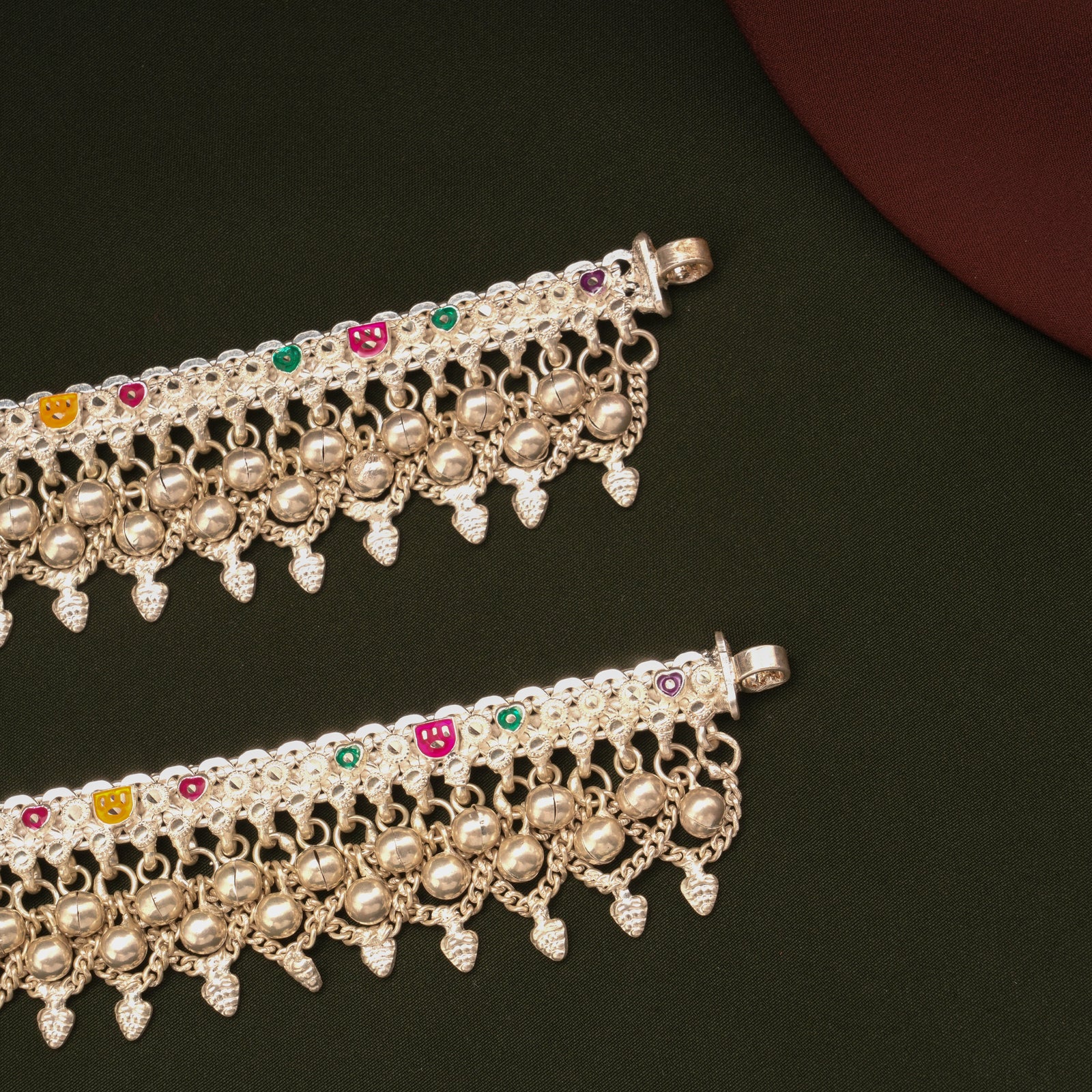 Colourful Enamel Design Ghungroo Silver Anklets