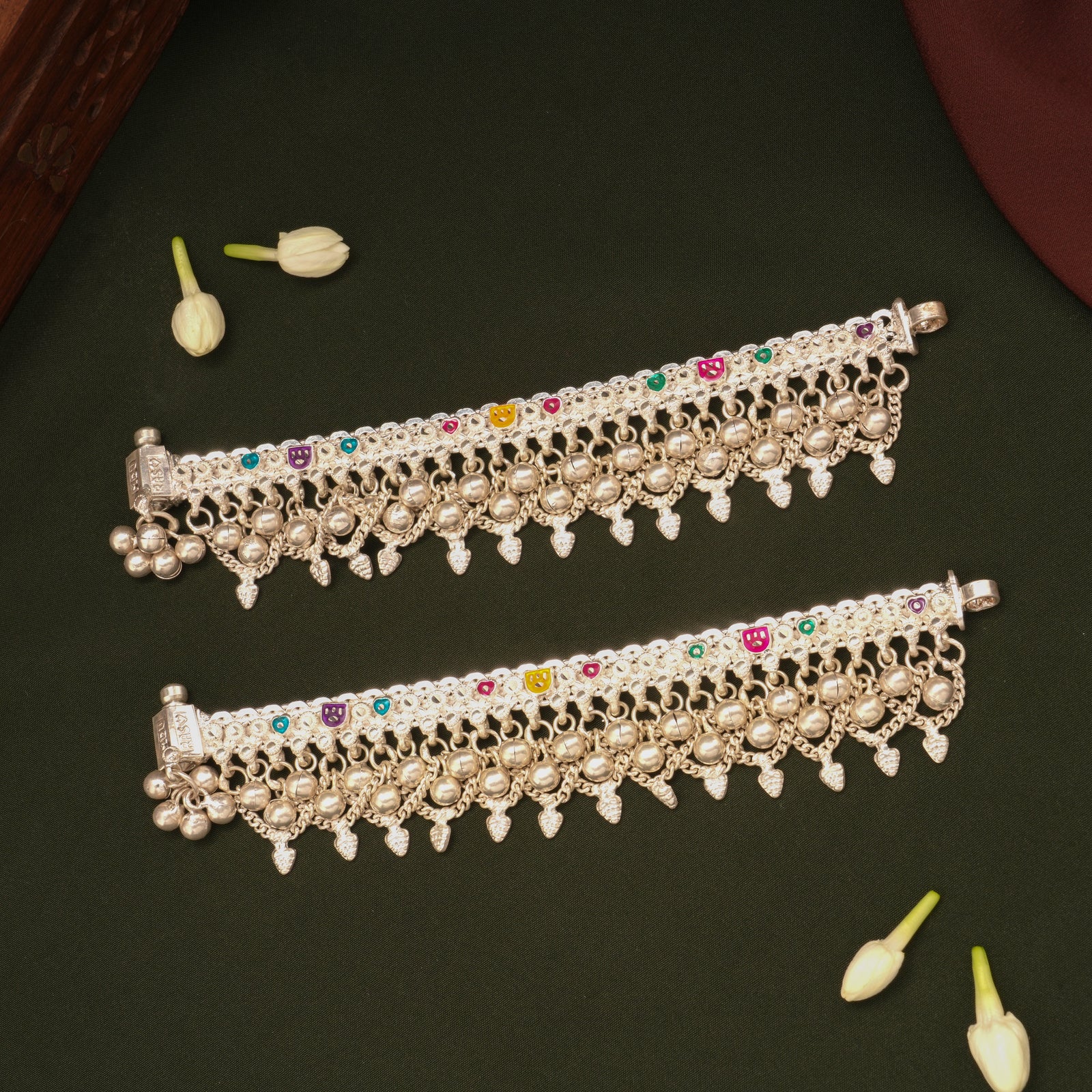 Colourful Enamel Design Ghungroo Silver Anklets