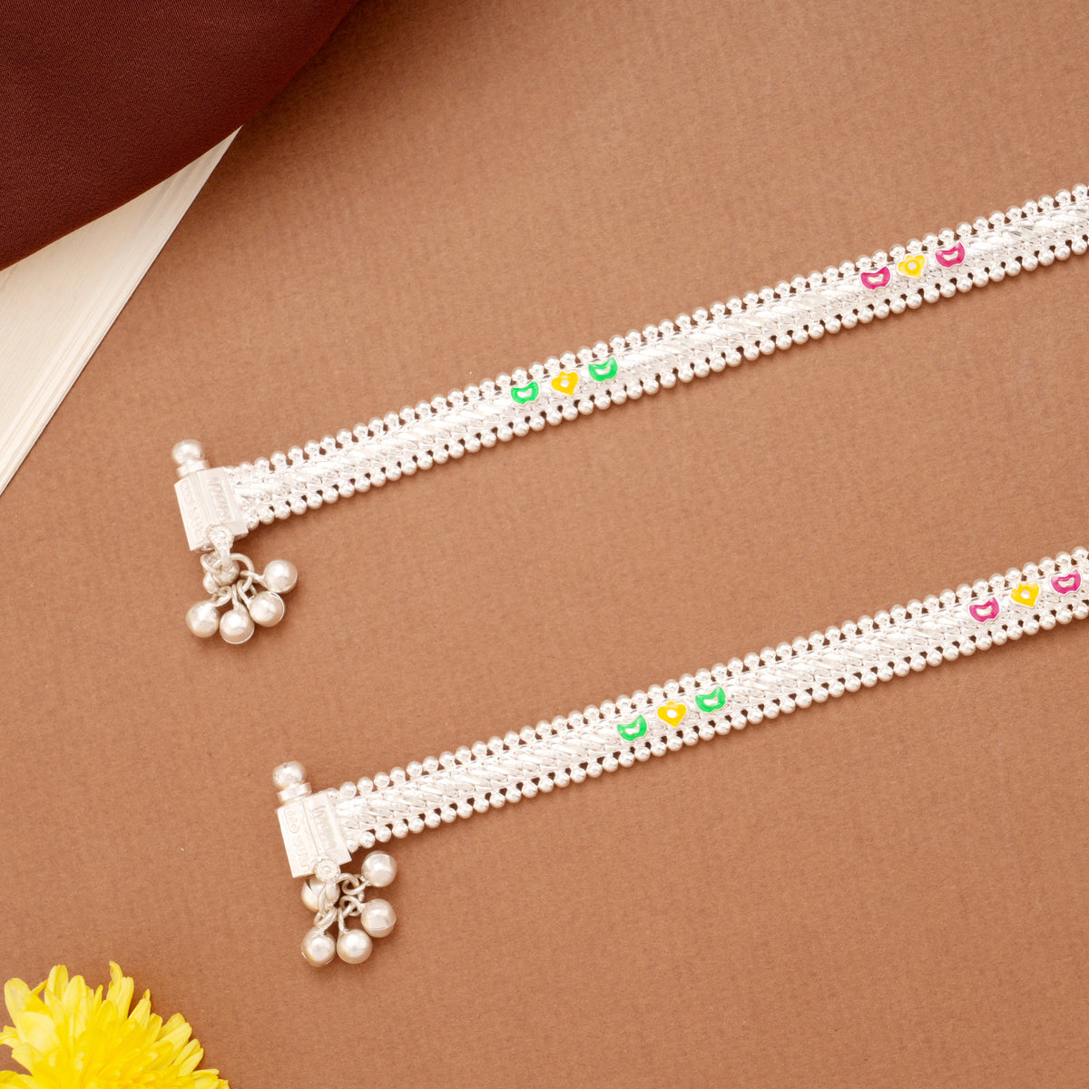 Classic Multicolour Enamel Beaded Silver Anklets