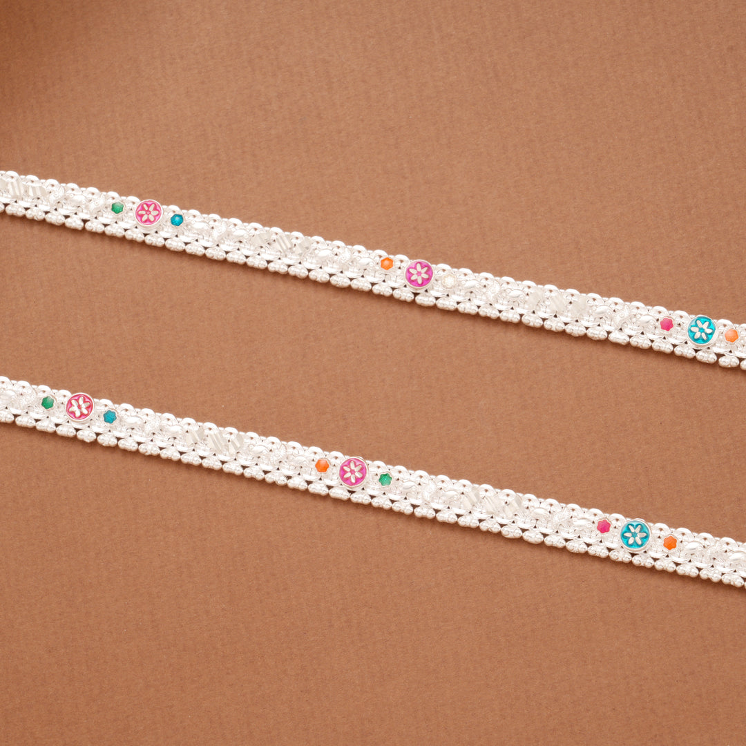 Sleek Sunflower Enamel Braided Silver Anklets