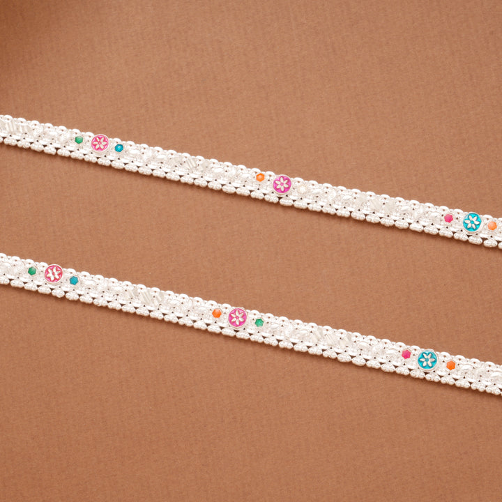Sleek Sunflower Enamel Braided Silver Anklets