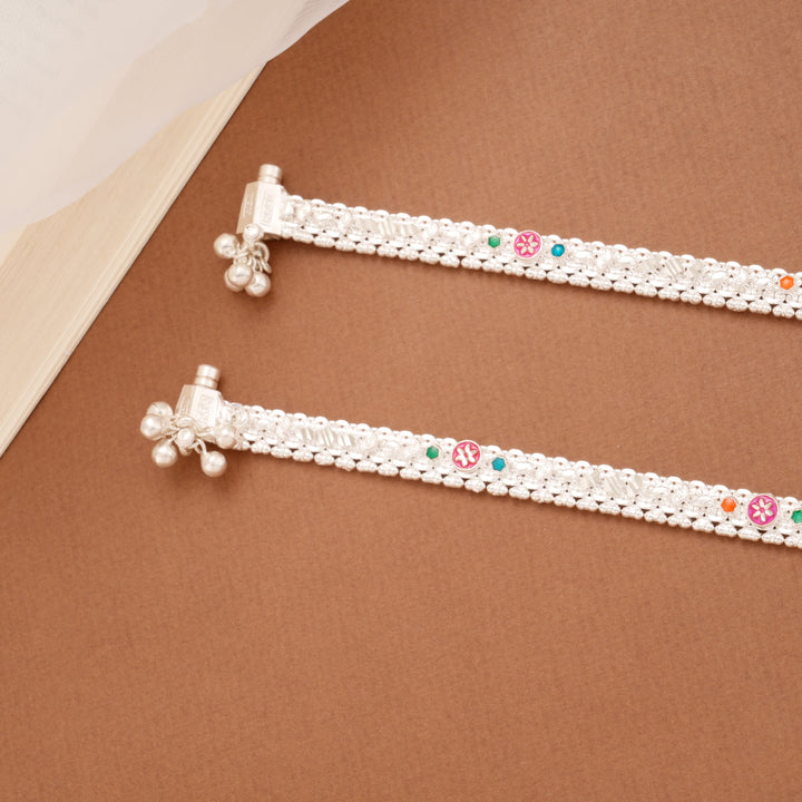 Sleek Sunflower Enamel Braided Silver Anklets