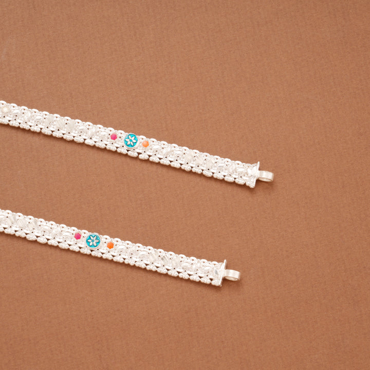 Sleek Sunflower Enamel Braided Silver Anklets