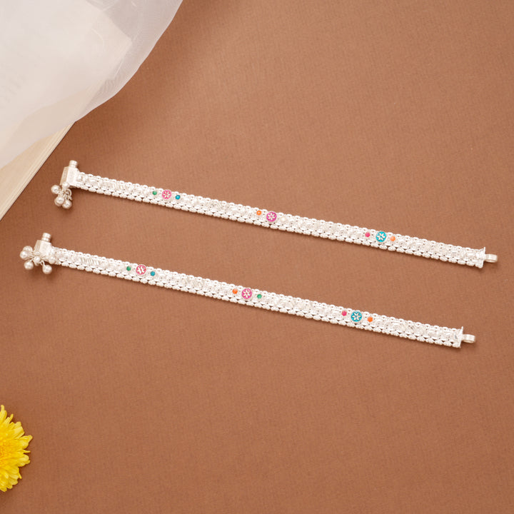 Sleek Sunflower Enamel Braided Silver Anklets