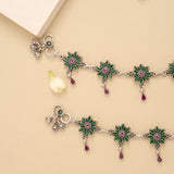 Antique Floral Emerald Stone Silver Anklet