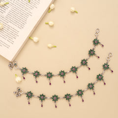 Antique Floral Emerald Stone Silver Anklet