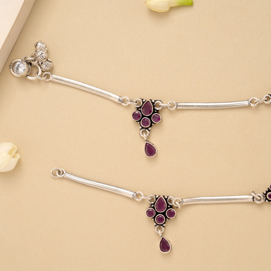 Floral Ruby Stone Antique Silver Anklet
