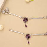Floral Ruby Stone Antique Silver Anklet